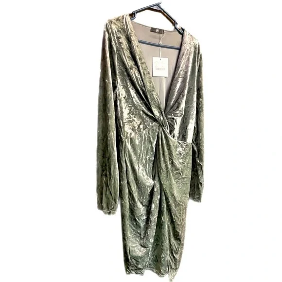 Silver Stretch Crushed Velvet Cocktail Party Midi Dress Ruched Waist, Sz12 - Picture 11 of 12